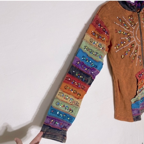 Rising International Orange Sun Rainbow Patchwork Stone Wash Full Zip Hoodie M - Picture 13 of 14